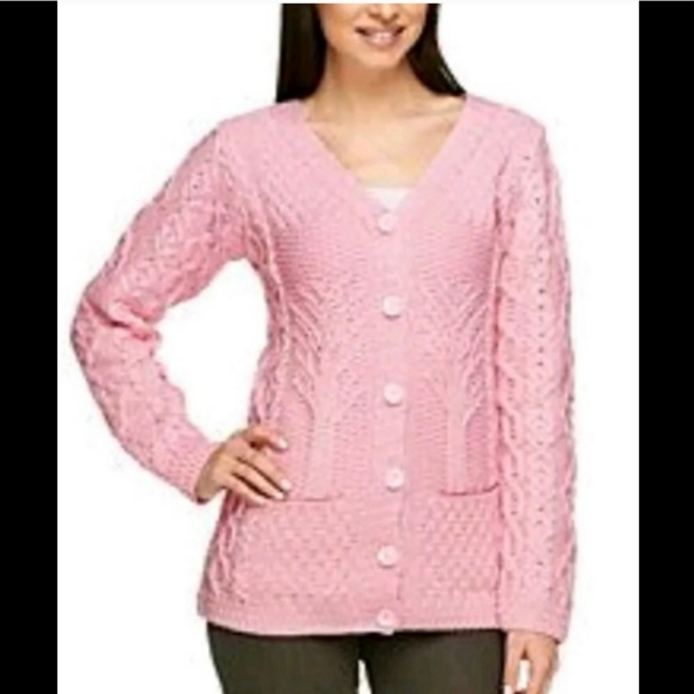 Kilronan knitwear Irish Merino Wool Chunky cable knit Cardigan Pink M